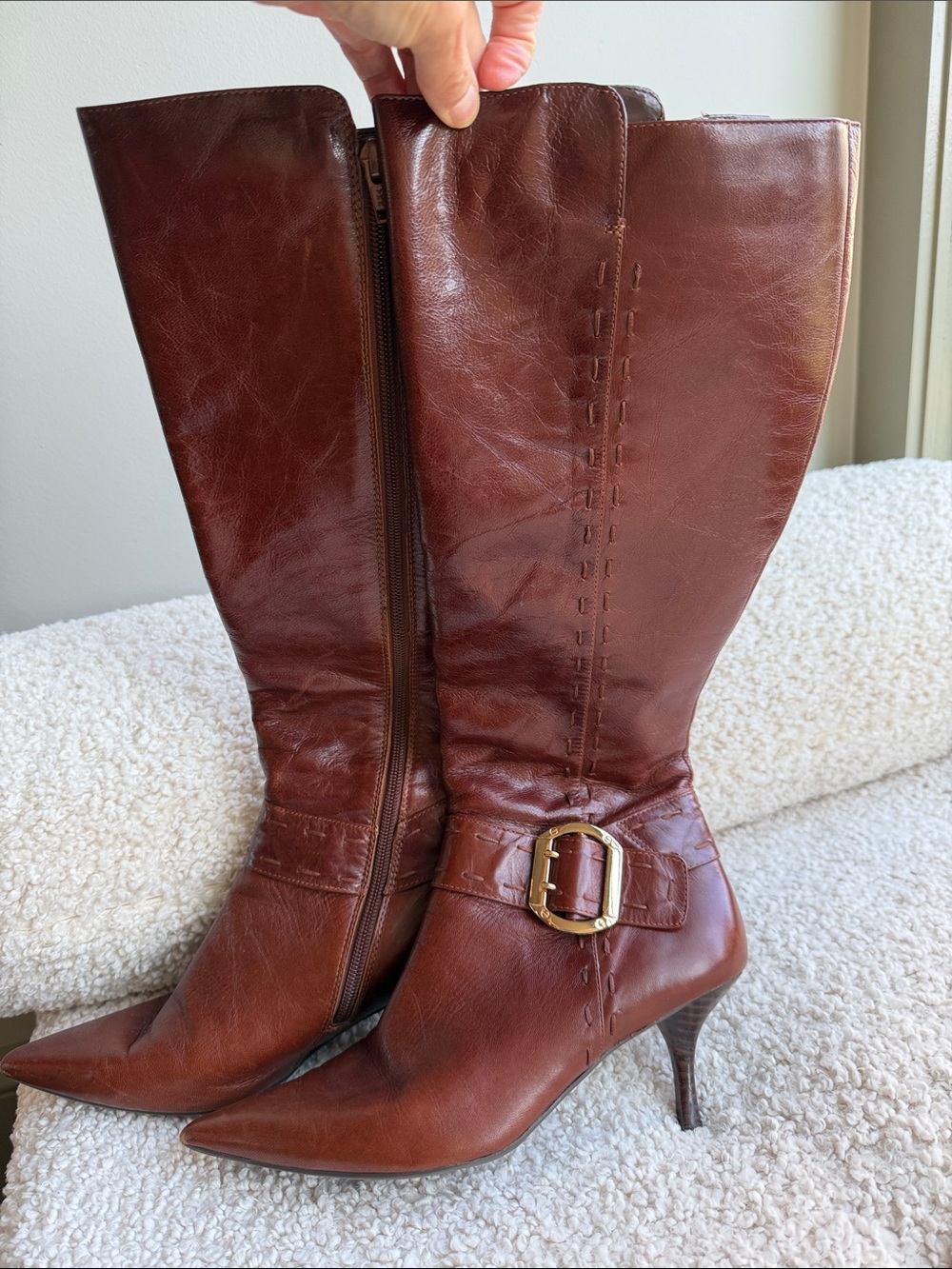 Nine West Brown Leather Mid-Calf Pointed-Toe Heeled Boots